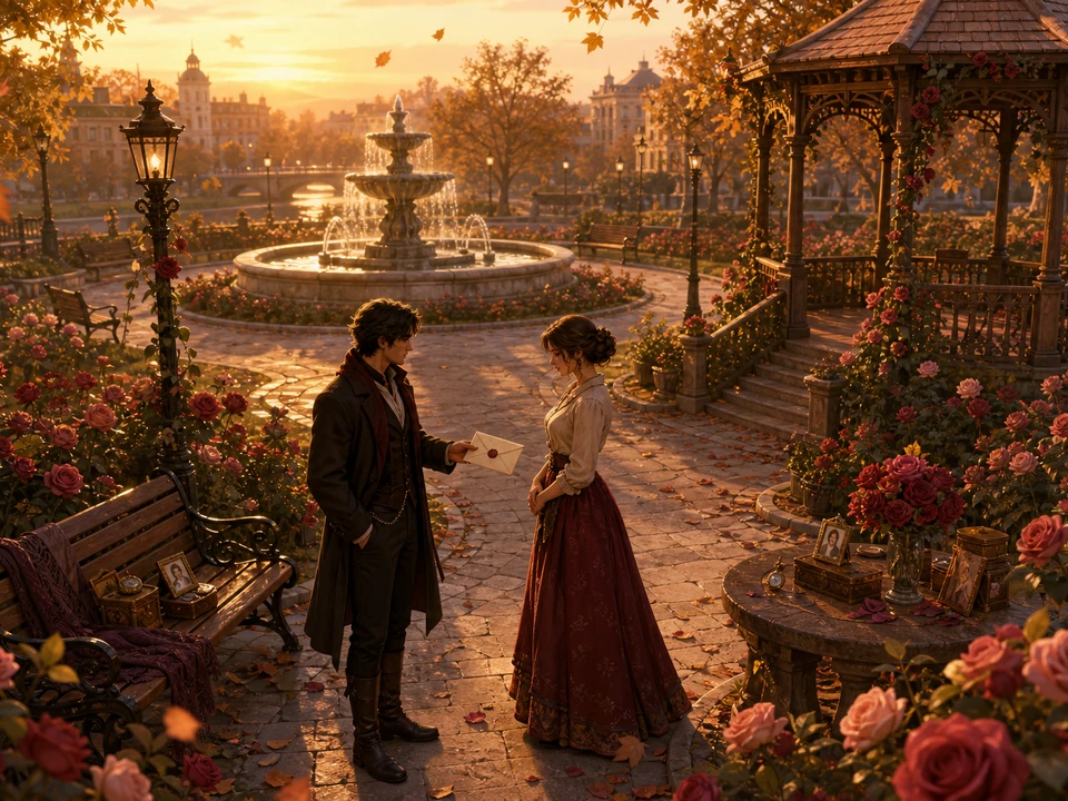 Wide three-quarter 3D gameplay scene of rose garden paths, letter, keepsake objects, dialogue staging, fountain, gazebo, and meeting points in a coherent painterly romantic city park at golden hour with two original adult characters, rose garden, sealed letter, fountain, gazebo, keepsake objects, winding paths, and gentle autumn leaves world, no interface