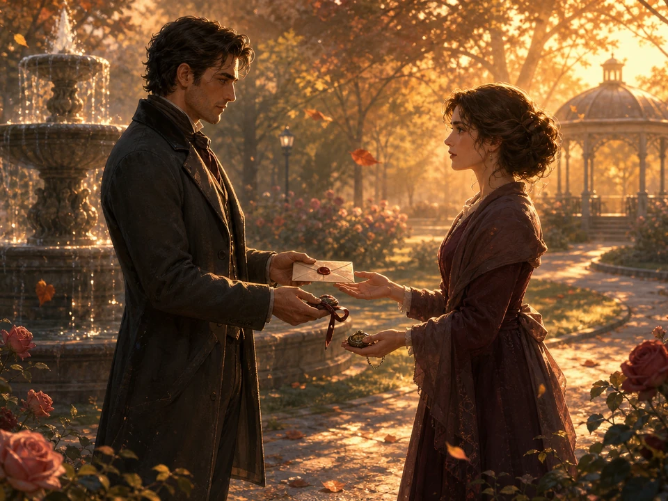 Action moment showing character gestures, exchanged objects, changing light, pauses, and emotional distance resolving clearly in the same painterly romantic city park at golden hour with two original adult characters, rose garden, sealed letter, fountain, gazebo, keepsake objects, winding paths, and gentle autumn leaves world, no text