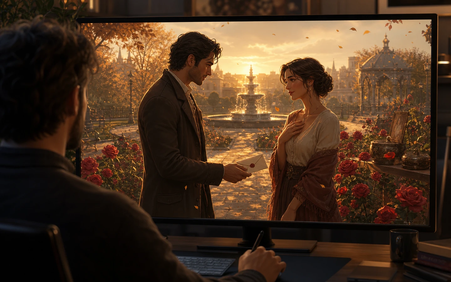 Over-the-shoulder game creator reviewing the original Unity Rose Letter scene in a professional game workspace on a large monitor, scene viewport dominant, tool controls abstract and unreadable