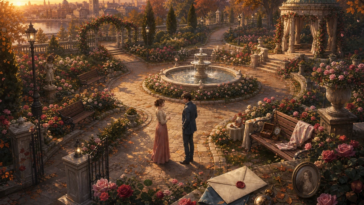 Clear playable layout showing rose garden paths, letter, keepsake objects, dialogue staging, fountain, gazebo, and meeting points with readable spacing, camera, and route in the same world