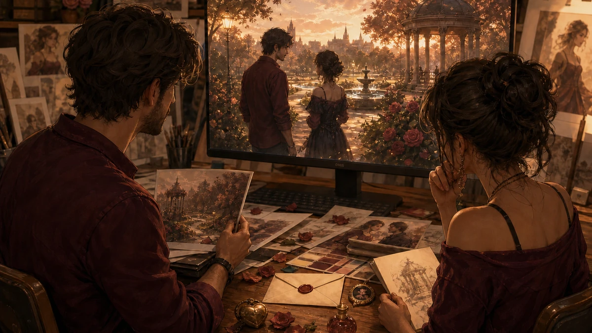Two game creators reviewing physical design references and the original Unity Rose Letter scene on a monitor, no readable labels