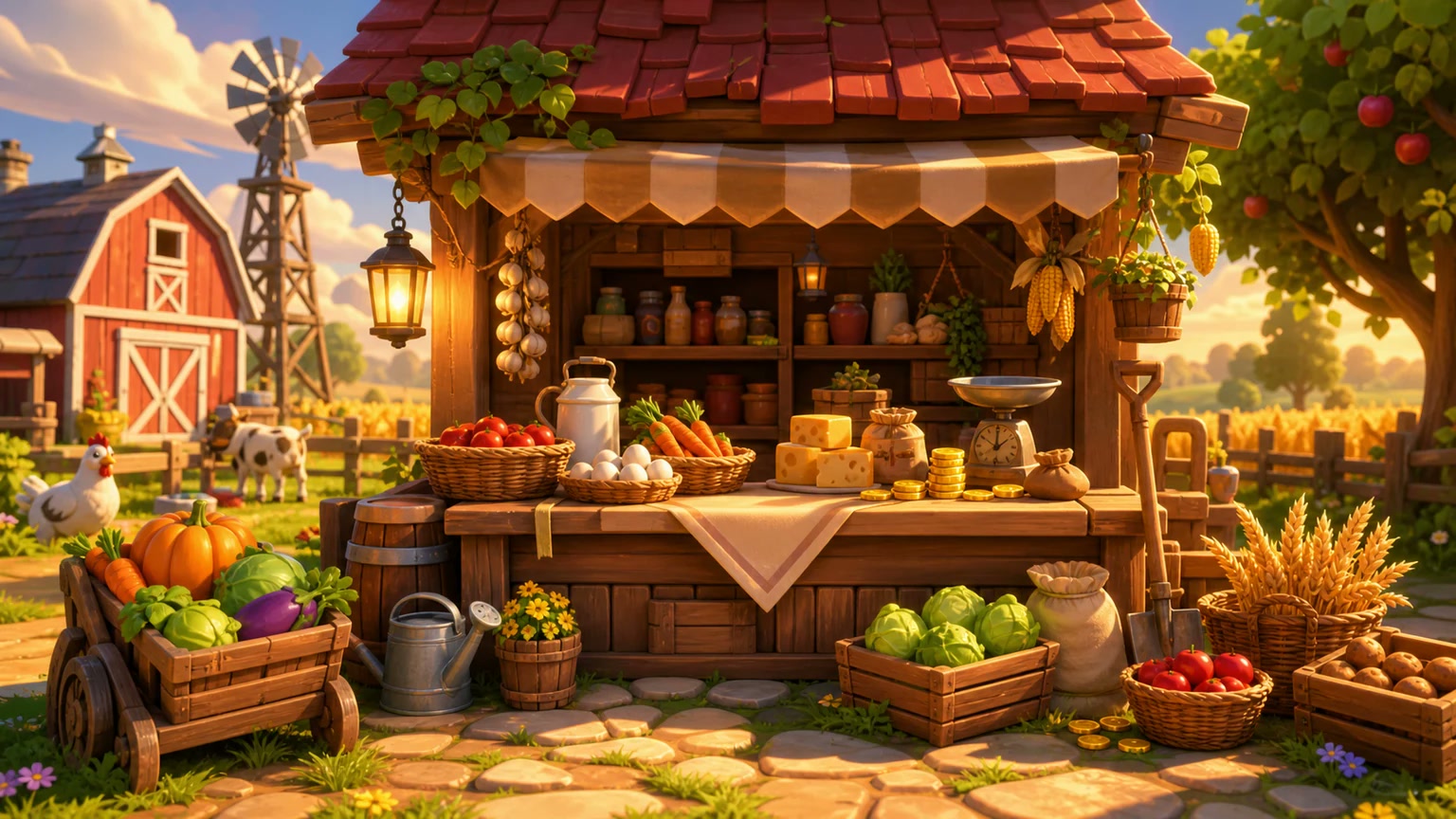 Warm farm shop stall stocked with vegetables, dairy, jars, coins, and produce crates