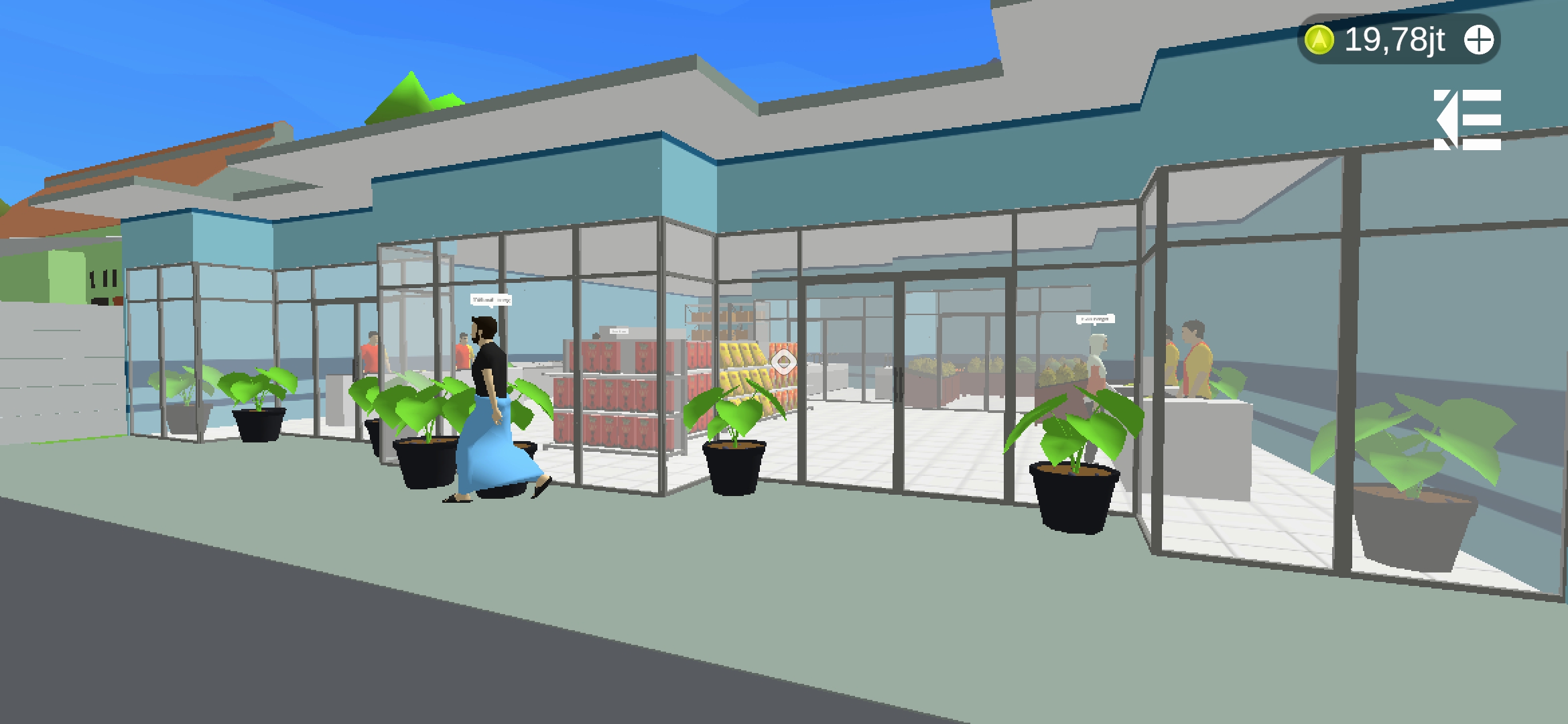 Unity Store Simulator Game gameplay showing stocked store shelves, customers entering a glass-front shop, a checkout area, and the in-game currency balance
