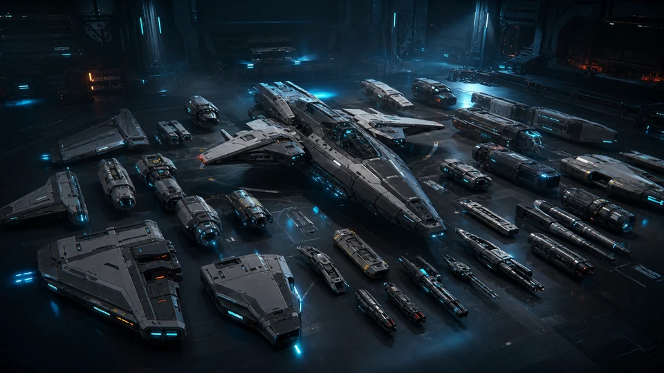 Modular spacecraft hull wings engines and weapons arranged in a dark hangar