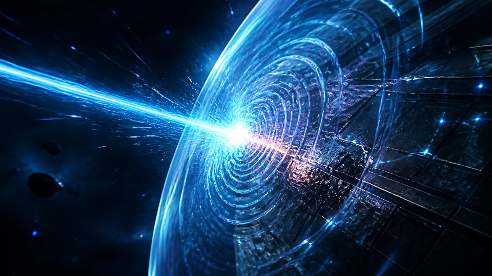 Laser impact producing a bright energy shield ripple and in-world damage feedback