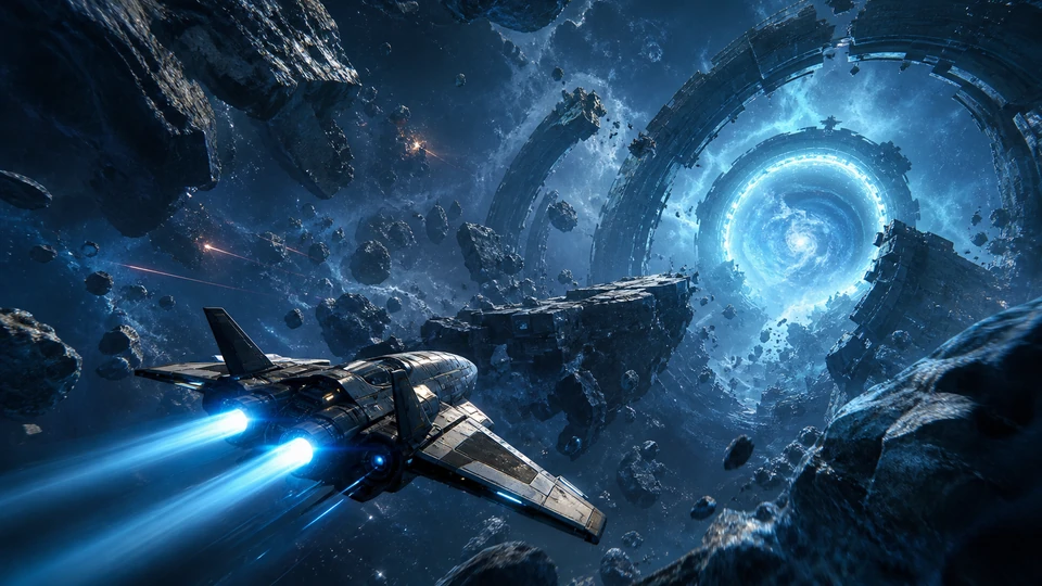 Player fighter approaching a portal between distinct space combat environments