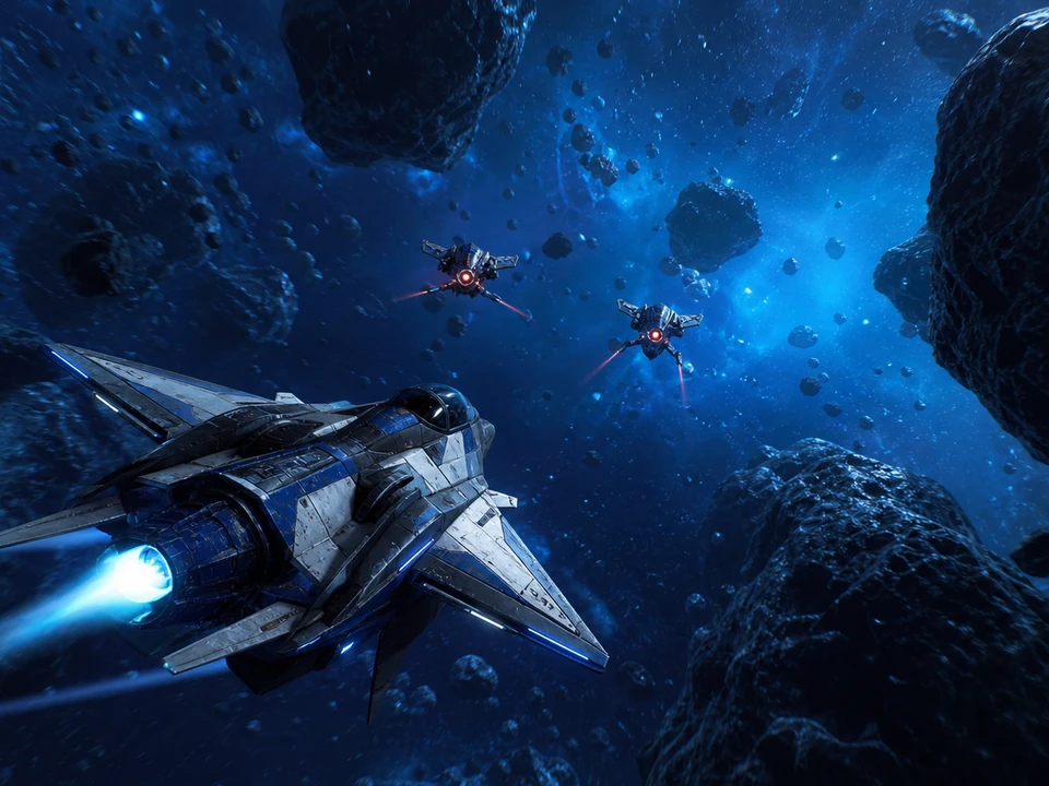Original Unity space combat prototype with a player fighter banking through a cobalt asteroid field