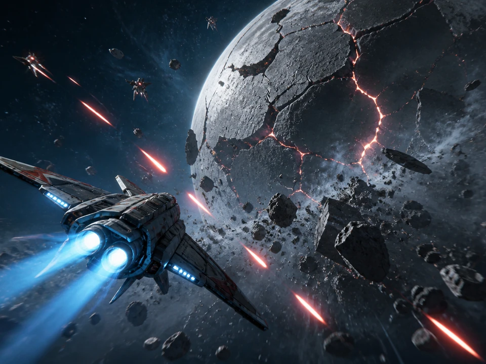 Player fighter dodging plasma fire beside a fractured moon in a second space combat state
