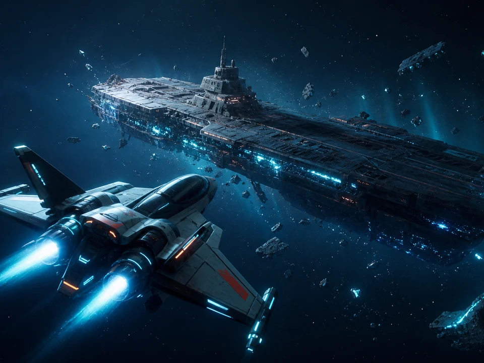 Space fighter passing a disabled carrier after a prototype combat encounter