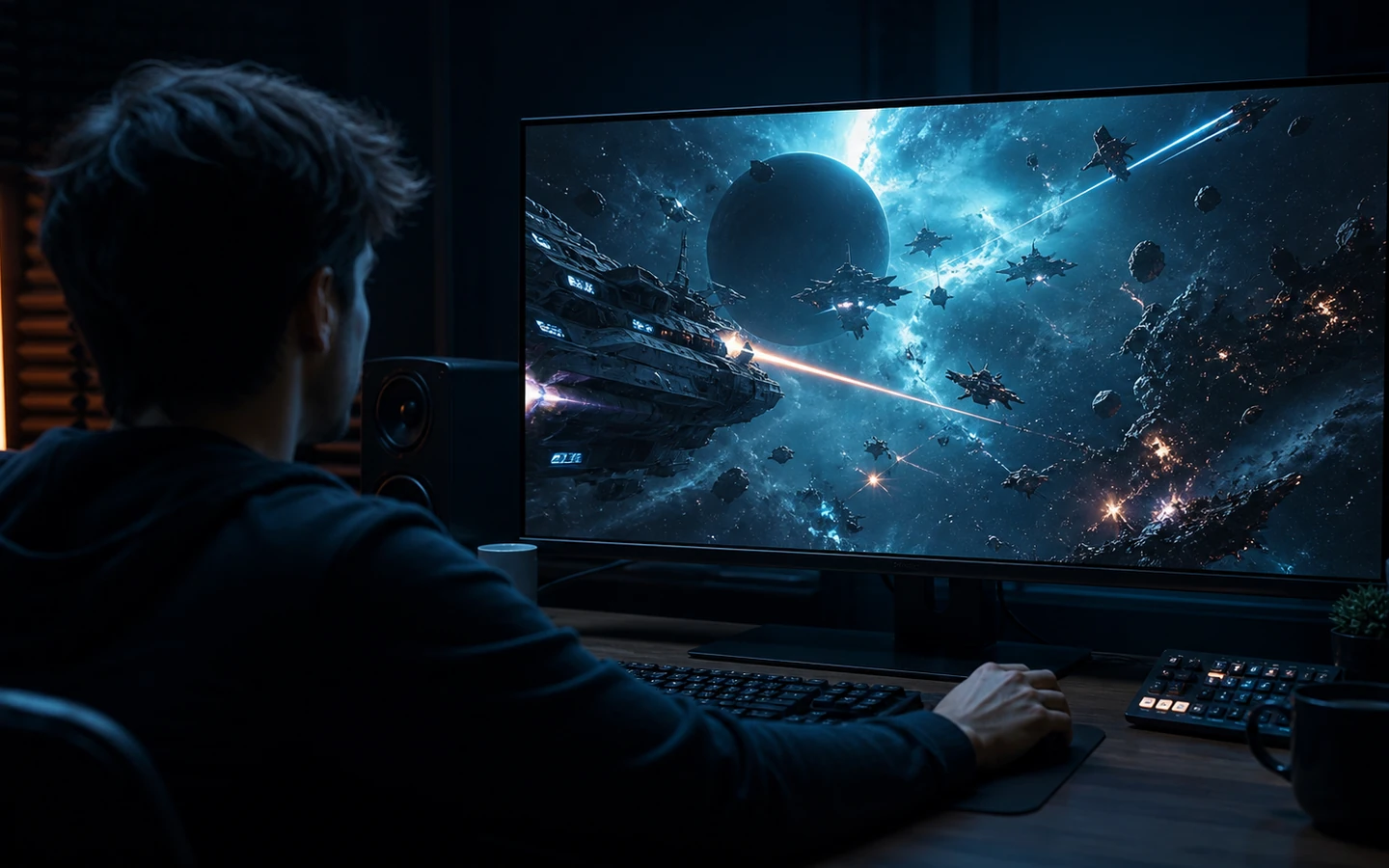 Game creator reviewing an original space battle result on a large studio monitor