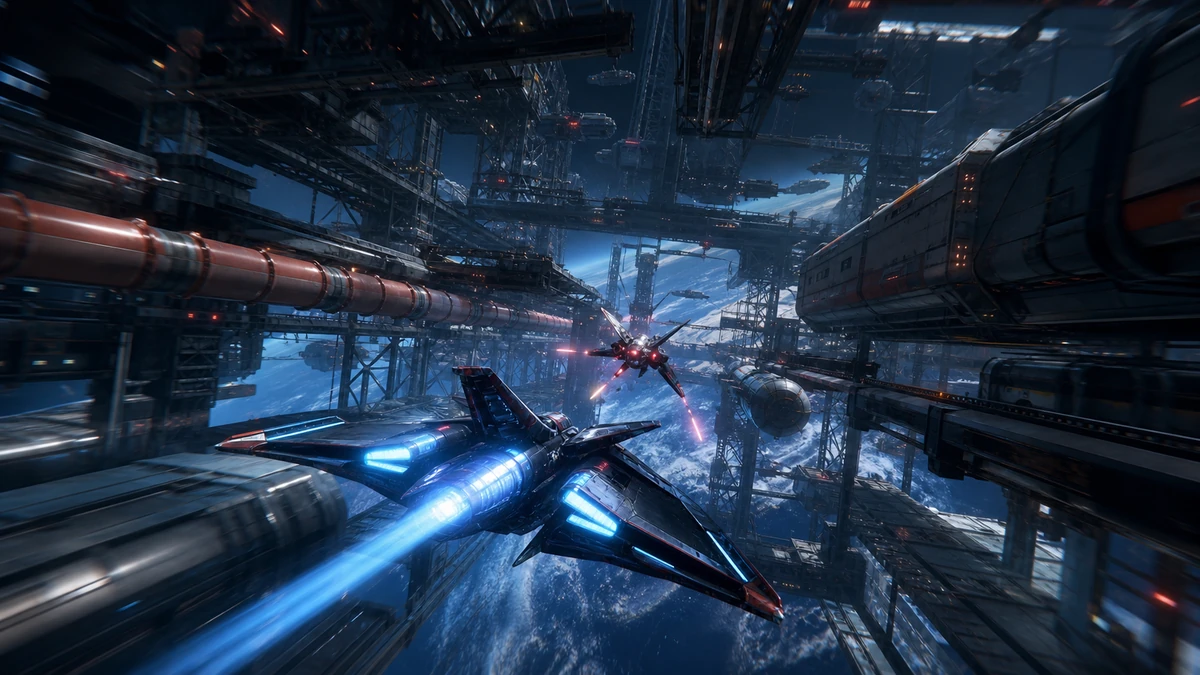 Player fighter testing pursuit movement through a dense orbital shipyard