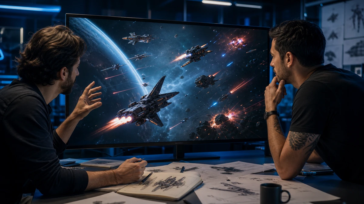 Two game creators reviewing ship silhouettes and combat rhythm together