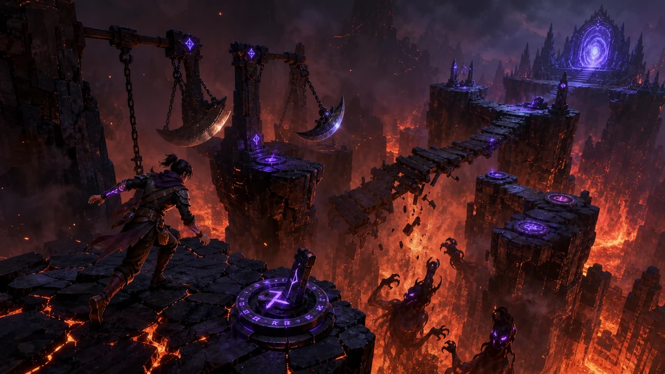 Physical in-world kit representing cracked platforms, rune switches, swinging blades, collapsing bridges, safe ledges, and an escape portal, arranged coherently in the same visual direction