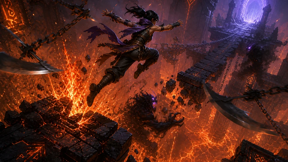 Close action view showing feedback from trap triggers, false floors, enemy lunges, lava bursts, and last-second jumps with material and motion detail