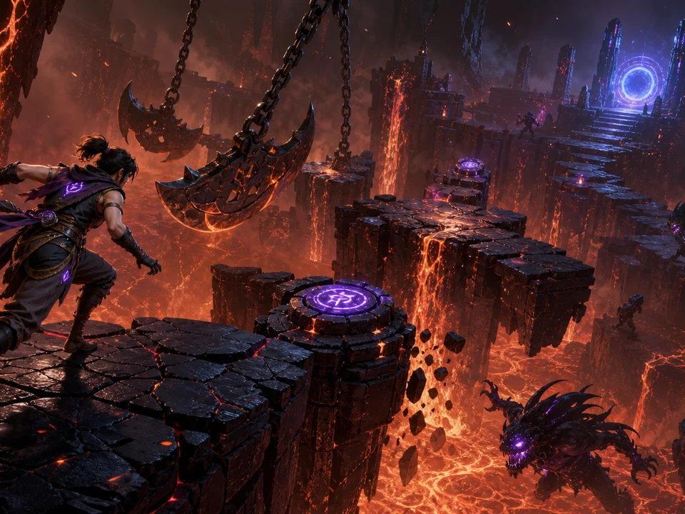 Wide three-quarter 3D gameplay scene of cracked platforms, rune switches, swinging blades, collapsing bridges, safe ledges, and an escape portal in a coherent stylized volcanic abyss of fractured obsidian platforms with an original agile explorer, glowing runes, swinging traps, crumbling bridges, rising lava, hostile shadow creatures, and a distant escape portal world, no interface