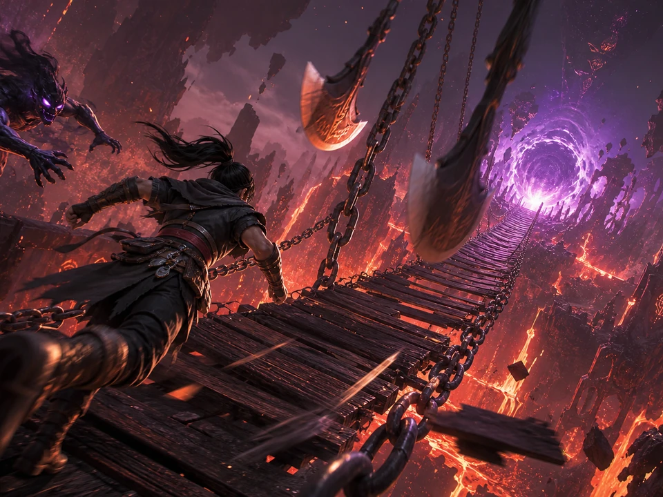 Action moment showing trap triggers, false floors, enemy lunges, lava bursts, and last-second jumps resolving clearly in the same stylized volcanic abyss of fractured obsidian platforms with an original agile explorer, glowing runes, swinging traps, crumbling bridges, rising lava, hostile shadow creatures, and a distant escape portal world, no text