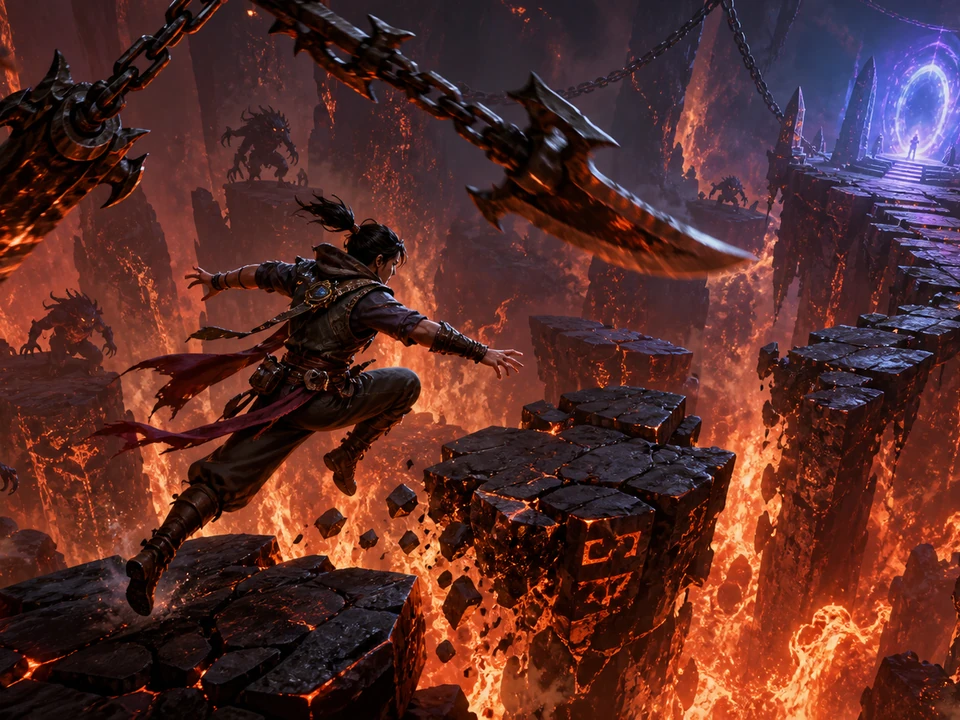 Hero moment where route deception, trap timing, enemy pressure, and the rising lava escalates around the player in the same coherent world, no HUD