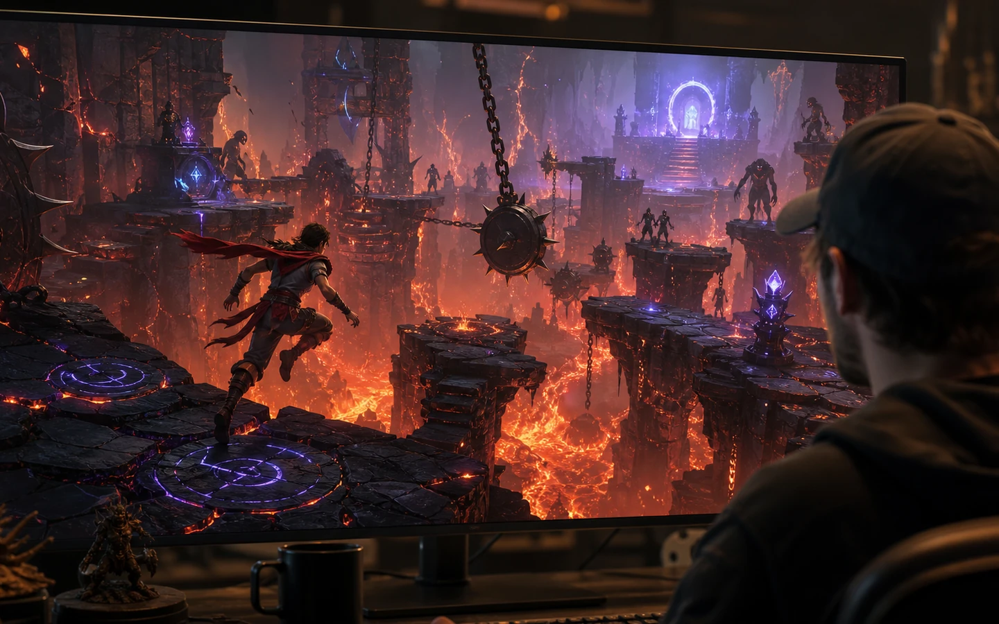 Over-the-shoulder game creator reviewing the original Unity Trick Abyss scene in a professional game workspace on a large monitor, scene viewport dominant, tool controls abstract and unreadable