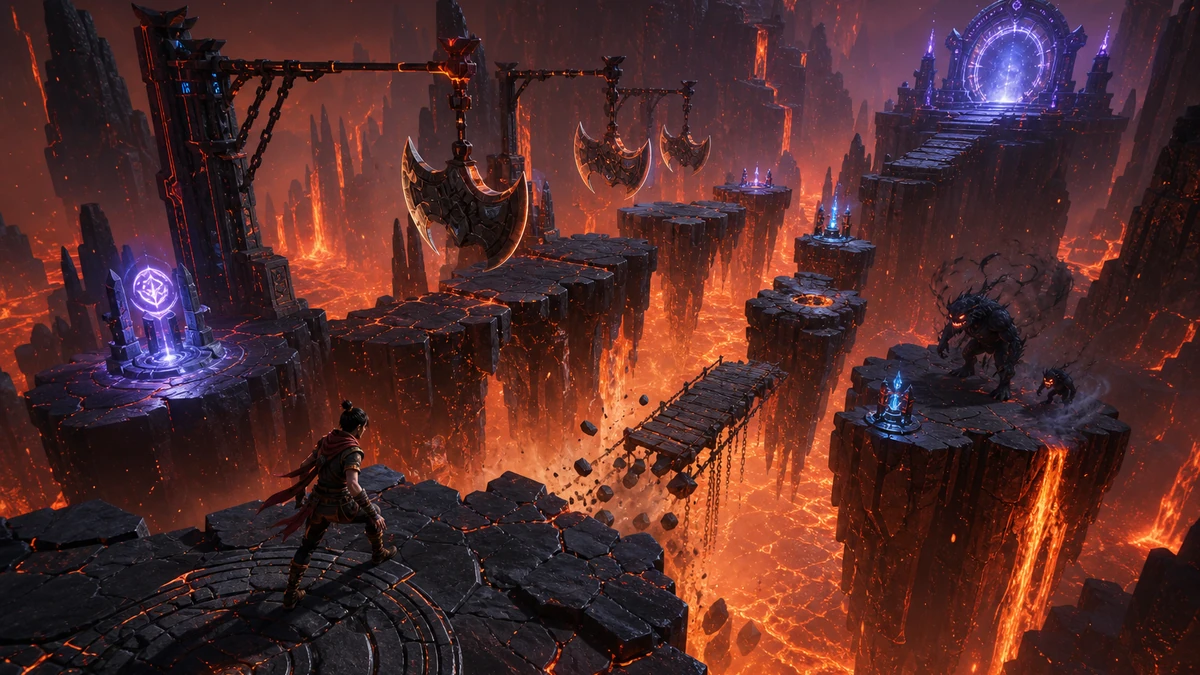 Clear playable layout showing cracked platforms, rune switches, swinging blades, collapsing bridges, safe ledges, and an escape portal with readable spacing, camera, and route in the same world
