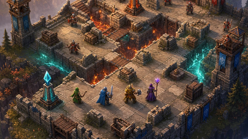 Physical in-world kit representing grid-aligned fortress lanes, cover blocks, elevation, bridges, objective pylons, and four distinct squad units, arranged coherently in the same visual direction
