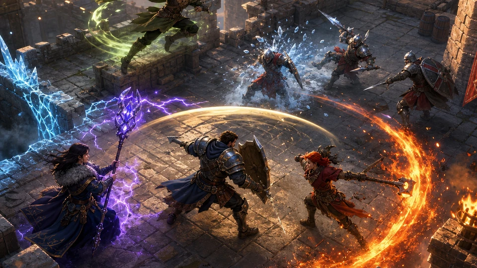 Close action view showing feedback from ability arcs, flanking movement, guarded reactions, elemental hazards, and enemy responses with material and motion detail