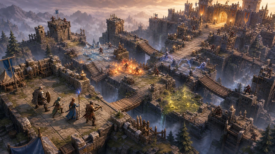 Wide final scene showing start, escalation, route choices, and finish for the Unity Turn-Based Tactics prototype