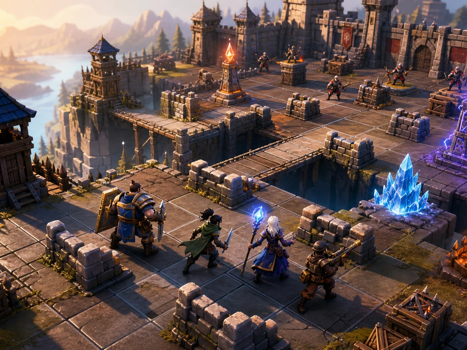 Wide three-quarter 3D gameplay scene of grid-aligned fortress lanes, cover blocks, elevation, bridges, objective pylons, and four distinct squad units in a coherent stylized isometric frontier fortress with an original squad of four adventurers, square tactical terrain, stone cover, watchtowers, bridges, elemental hazards, and rival guards at dawn world, no interface
