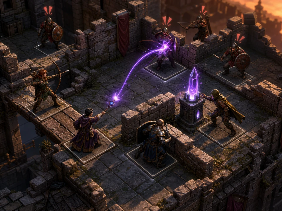 Action moment showing ability arcs, flanking movement, guarded reactions, elemental hazards, and enemy responses resolving clearly in the same stylized isometric frontier fortress with an original squad of four adventurers, square tactical terrain, stone cover, watchtowers, bridges, elemental hazards, and rival guards at dawn world, no text