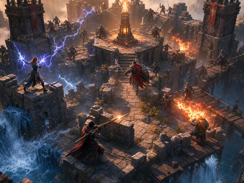 Hero moment where action economy, line of sight, terrain advantage, and objective pressure escalates around the player in the same coherent world, no HUD