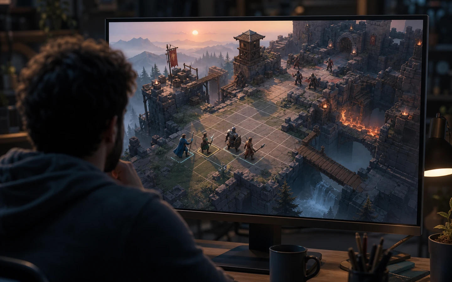 Over-the-shoulder game creator reviewing the original Unity Turn-Based Tactics scene in a professional game workspace on a large monitor, scene viewport dominant, tool controls abstract and unreadable