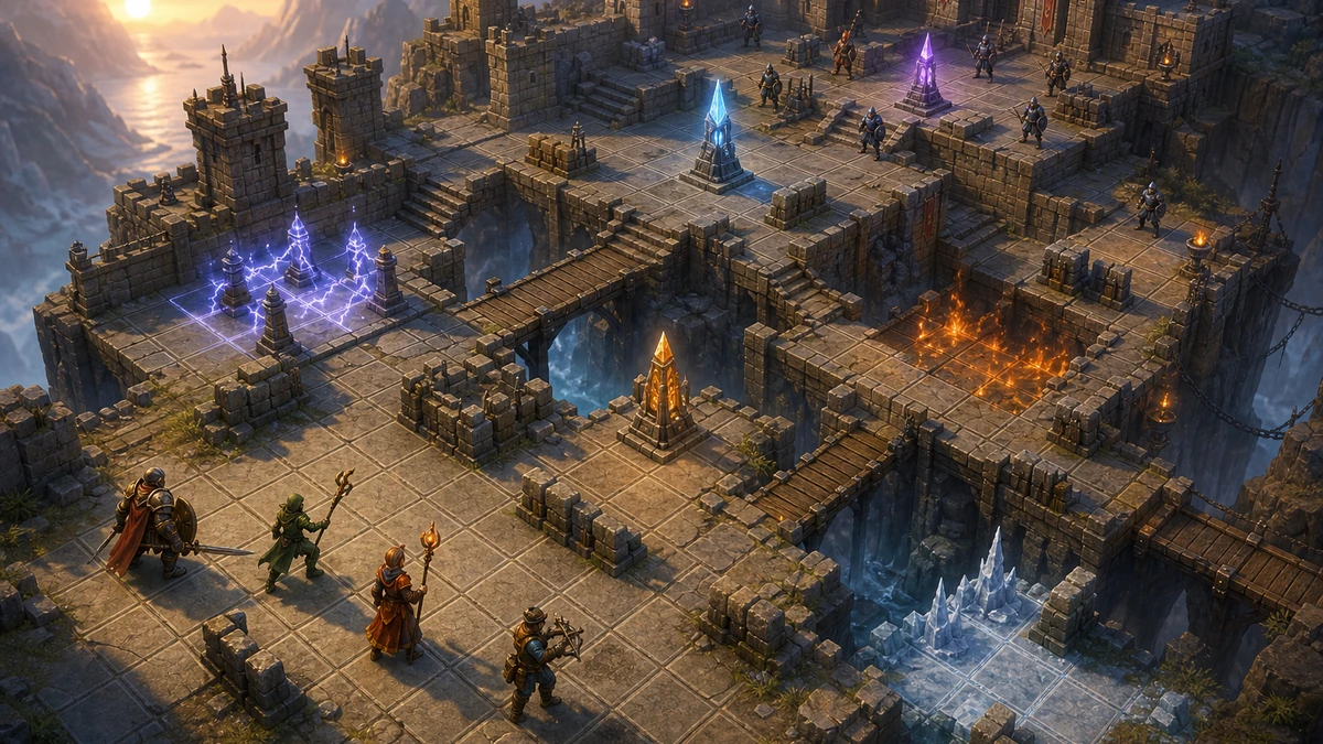 Clear playable layout showing grid-aligned fortress lanes, cover blocks, elevation, bridges, objective pylons, and four distinct squad units with readable spacing, camera, and route in the same world