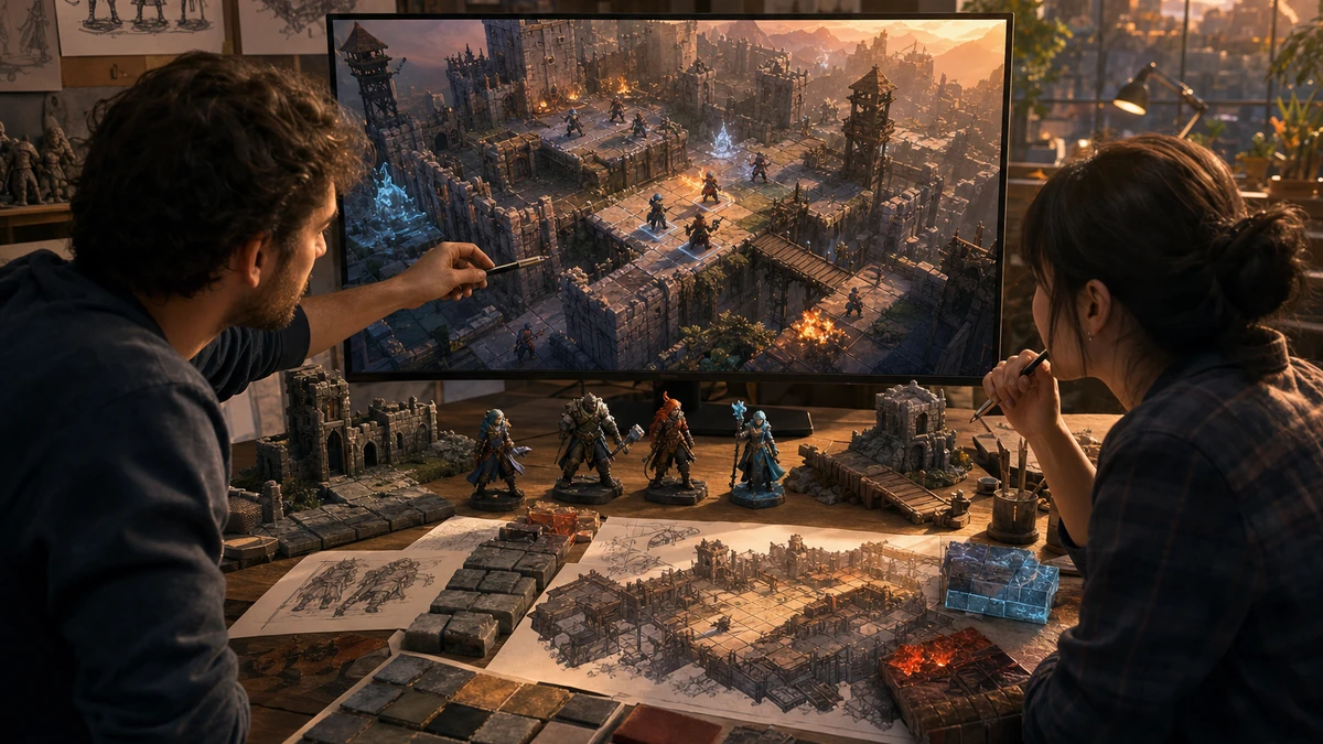 Two game creators reviewing physical design references and the original Unity Turn-Based Tactics scene on a monitor, no readable labels
