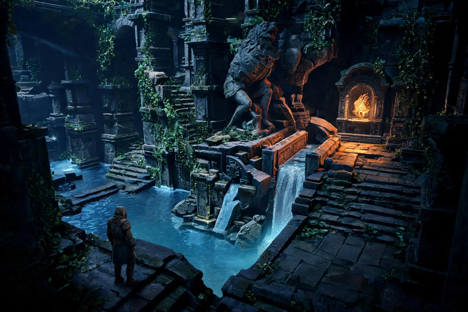 Unreal Action-Adventure Game Maker concept art showing an original overgrown river temple with flooded steps, climbable ruins, a guardian court, water mechanisms, and a relic vault