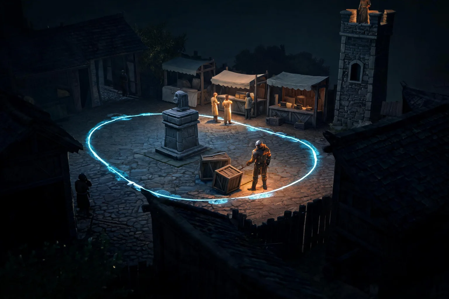 Unreal AI NPC Game Maker concept art showing an original compact village square with patrol route, market civilians, occluding alleys, a guard post, and elevated observation point