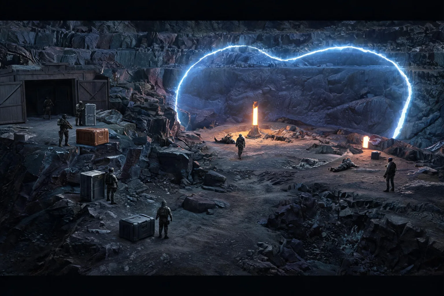 Unreal Battle Royale Game Maker concept art showing an original island quarry with four deployment approaches, warehouse loot, exposed ridge, central supply beacon, and a clearly readable closing storm wall