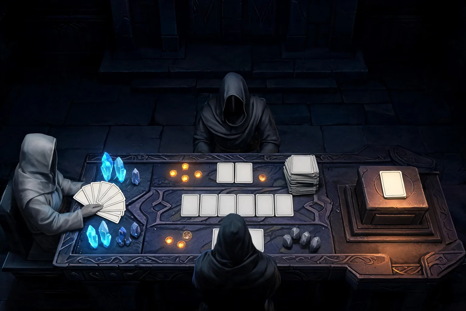 Unreal Card and Deckbuilder Game Maker concept art showing an original arcane observatory table with physical cards, two opposing figures, energy crystals, status tokens, a reward pedestal, and no readable card text