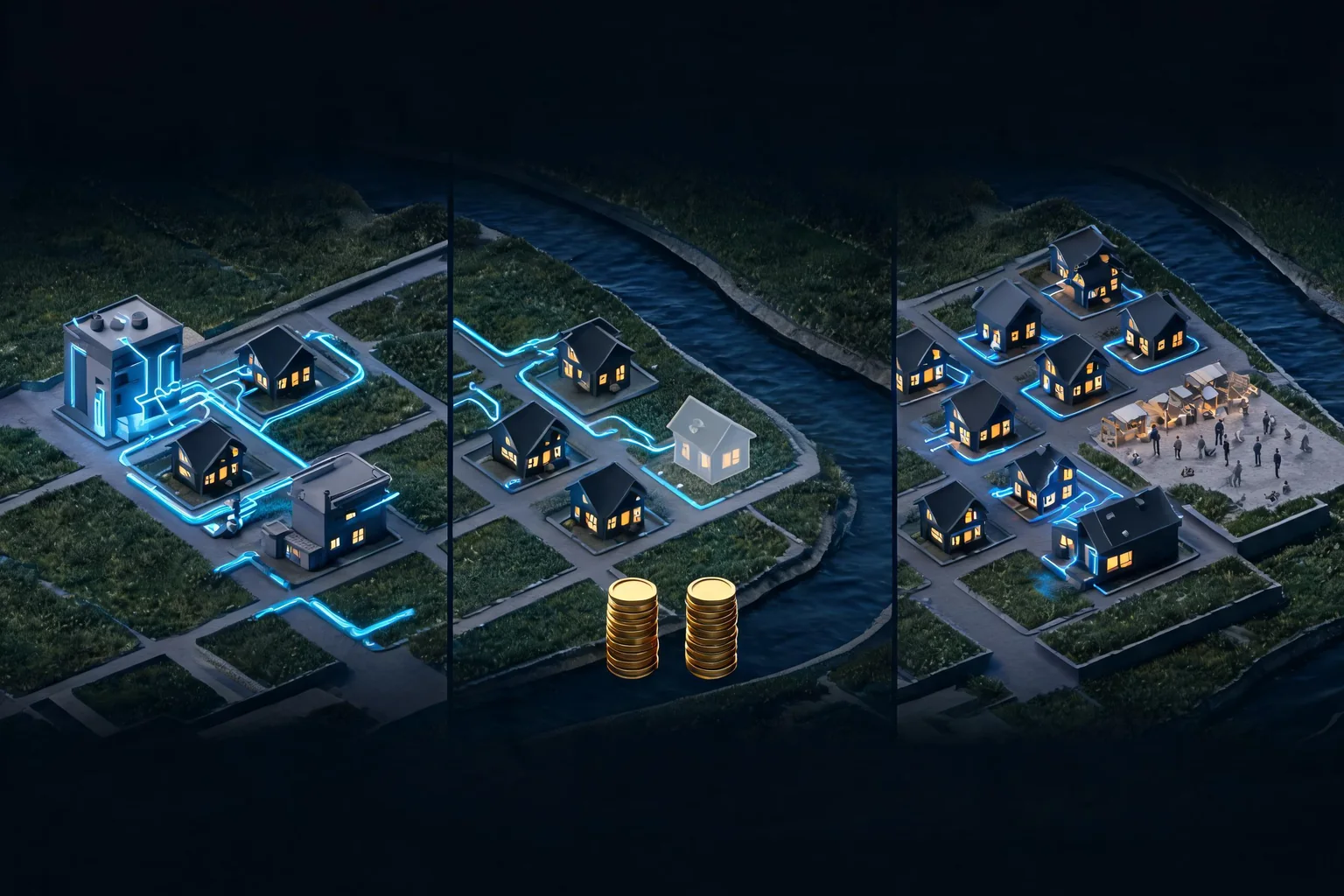 Unreal City Builder Game Maker concept art showing an original river-bend settlement with a compact road grid, residential blocks, utility plant, fire station, market square, and undeveloped expansion bank