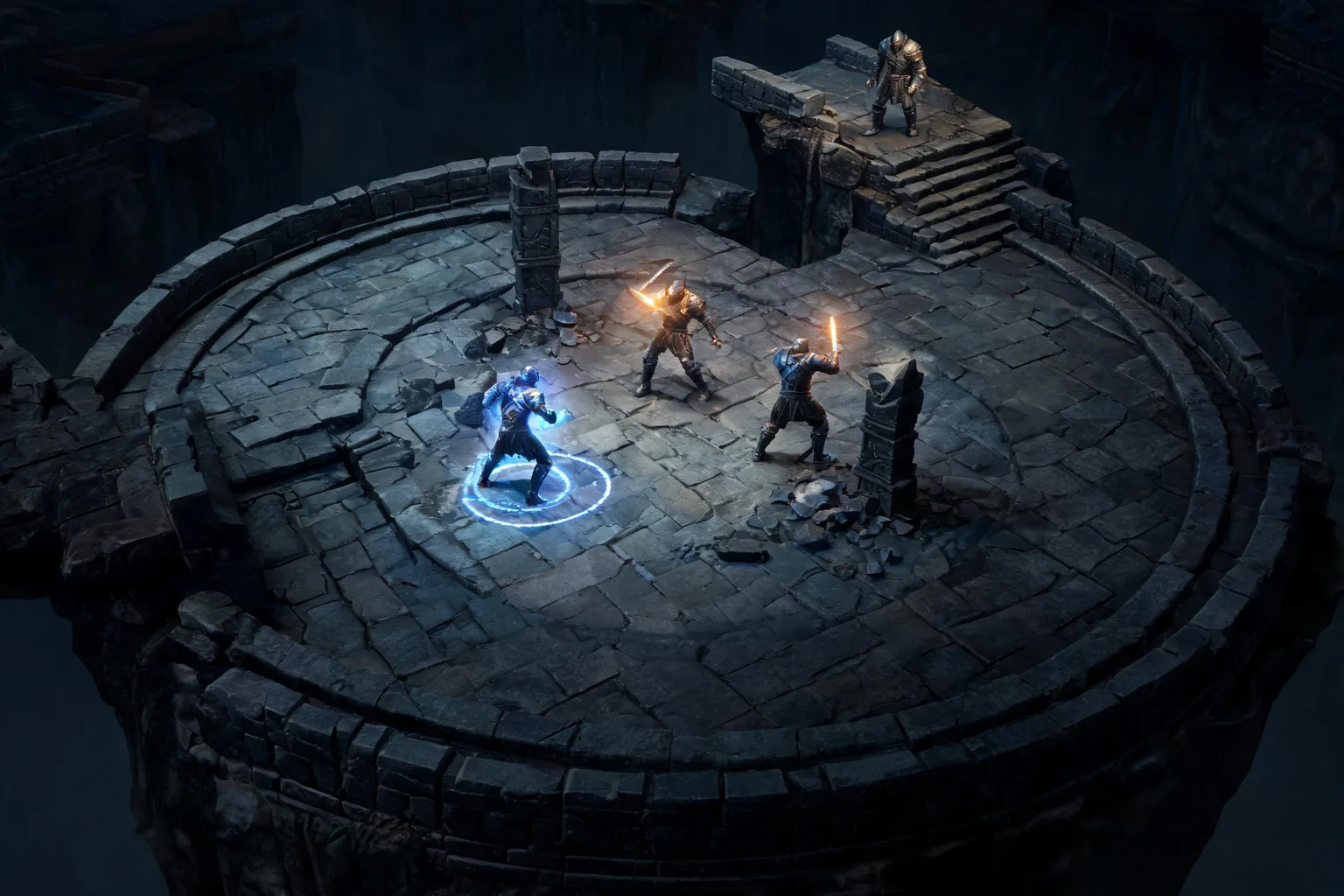 Unreal Combat Game Maker concept art showing an original circular cliffside arena with clear boundaries, breakable cover, two enemy silhouettes, and an elevated elite entrance