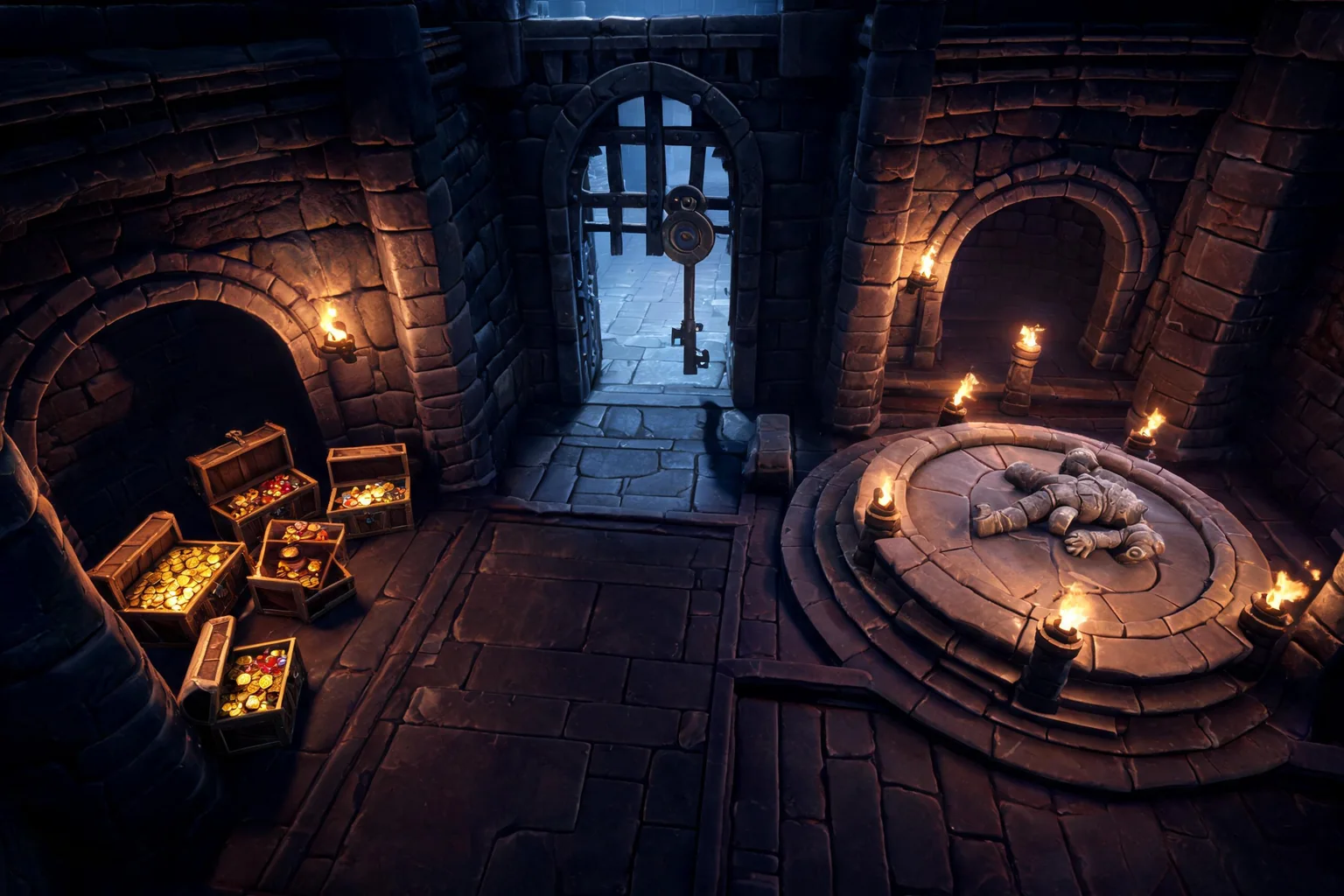 Unreal Dungeon Crawler Game Maker concept art showing an original underground citadel with torchlit halls, branching chambers, a locked sigil gate, treasure alcove, and circular guardian arena