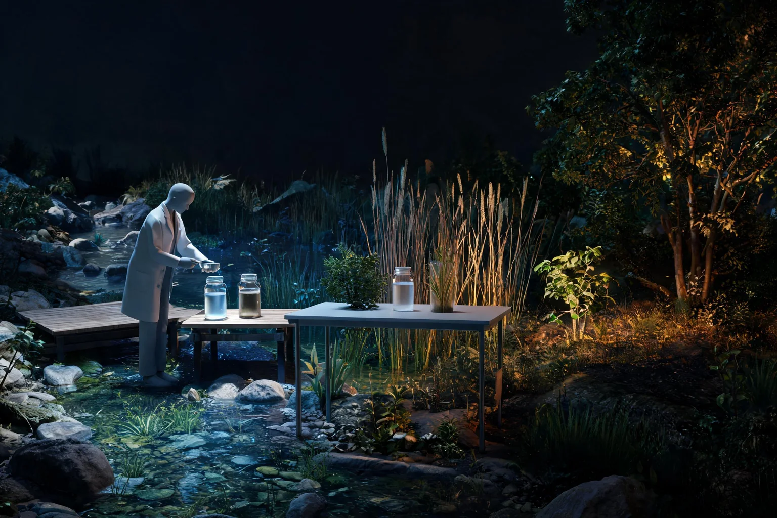 Unreal Educational Game Maker concept art showing an original accessible river ecology field station with stream bank, sampling dock, wetland observation area, simple lab bench, and three distinct habitat zones