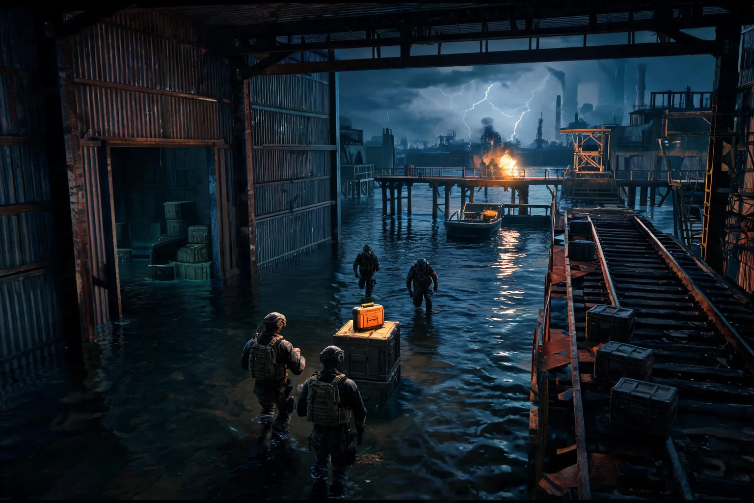 Unreal Extraction Shooter Game Maker concept art showing an original flooded industrial district with warehouse route, elevated rail route, mission archive, patrol yard, flare-lit extraction pier, and distant storm