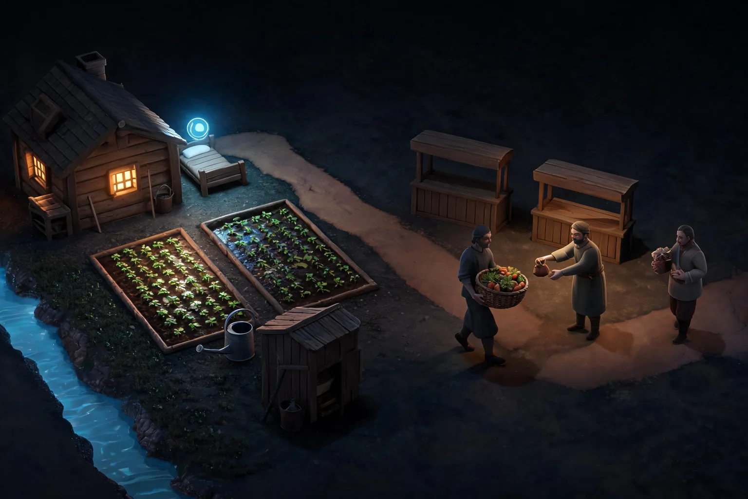 Unreal Farming and Life Sim Game Maker concept art showing an original warm valley homestead with farmhouse, two crop plots, tool shed, footpath to a small village market, stream, and changing evening light