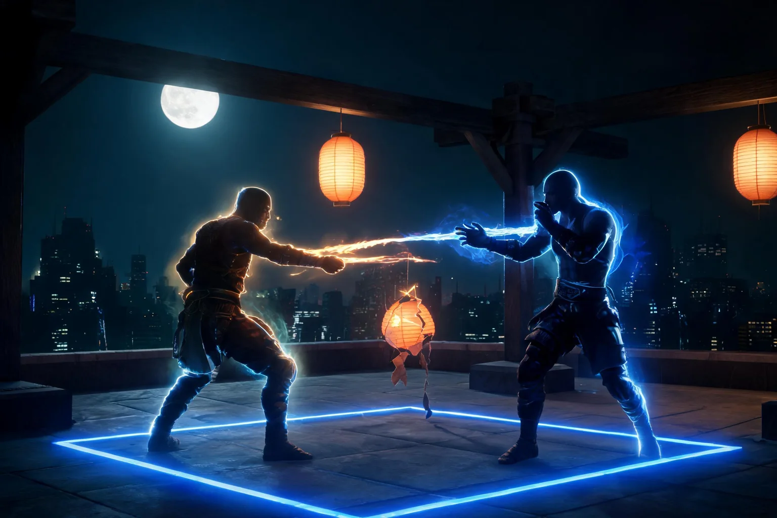 Unreal Fighting Game Maker concept art showing an original moonlit rooftop ring with strong side-on silhouettes, fixed fight boundary, distant city, breakable lantern props, and no licensed characters