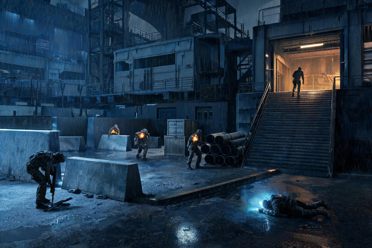 Unreal FPS Game Maker concept art showing an original rain-darkened industrial stronghold with two elevations, hard cover, and a visible extraction gate