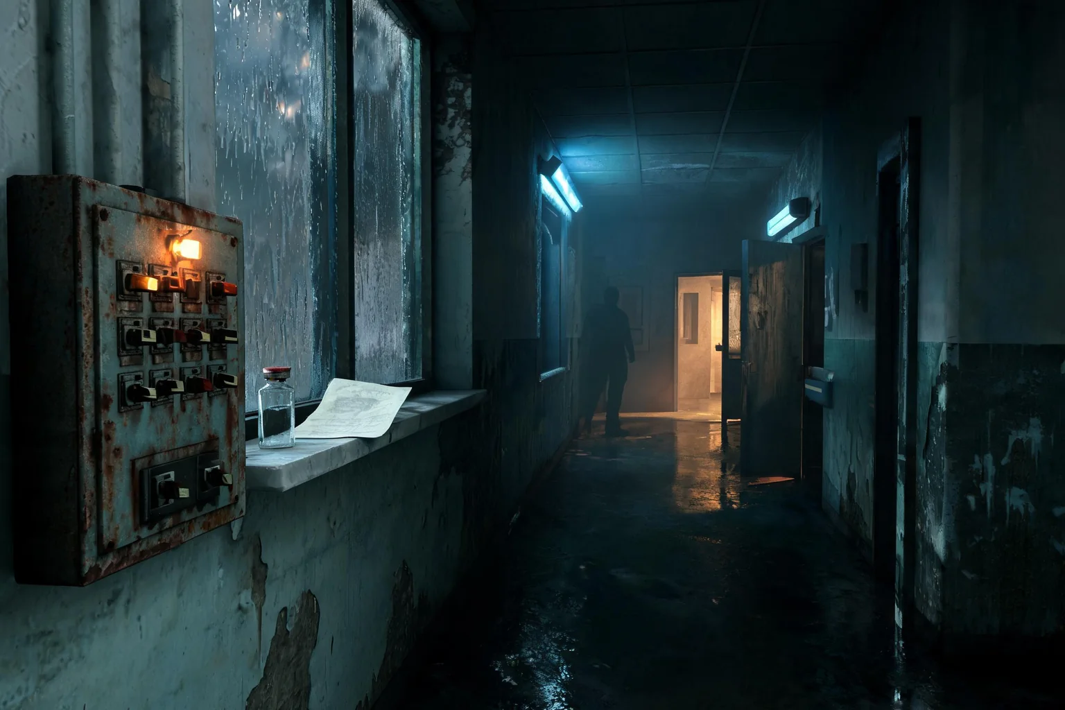 Unreal Horror Game Maker concept art showing an original decaying rural clinic with emergency lighting, wet windows, an electrical room, and a long occluded corridor
