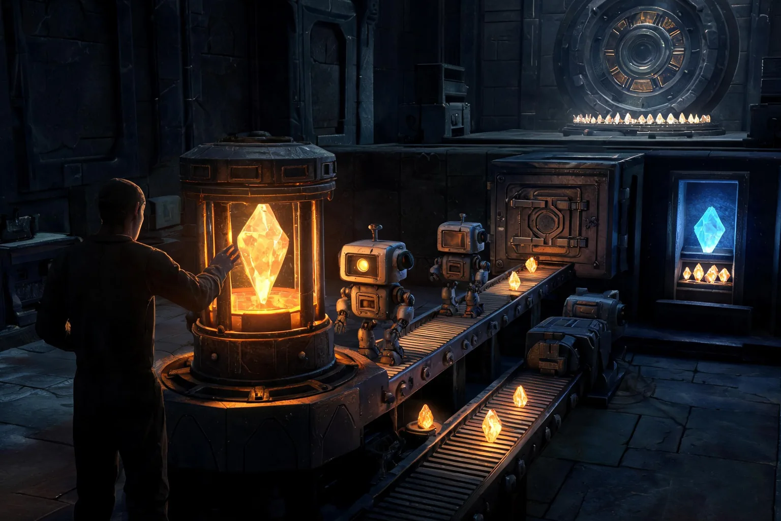 Unreal Idle and Clicker Game Maker concept art showing an original magical crystal foundry with central forge, conveyor, two automaton stations, storage vault, upgrade alcove, and a large dormant prestige engine
