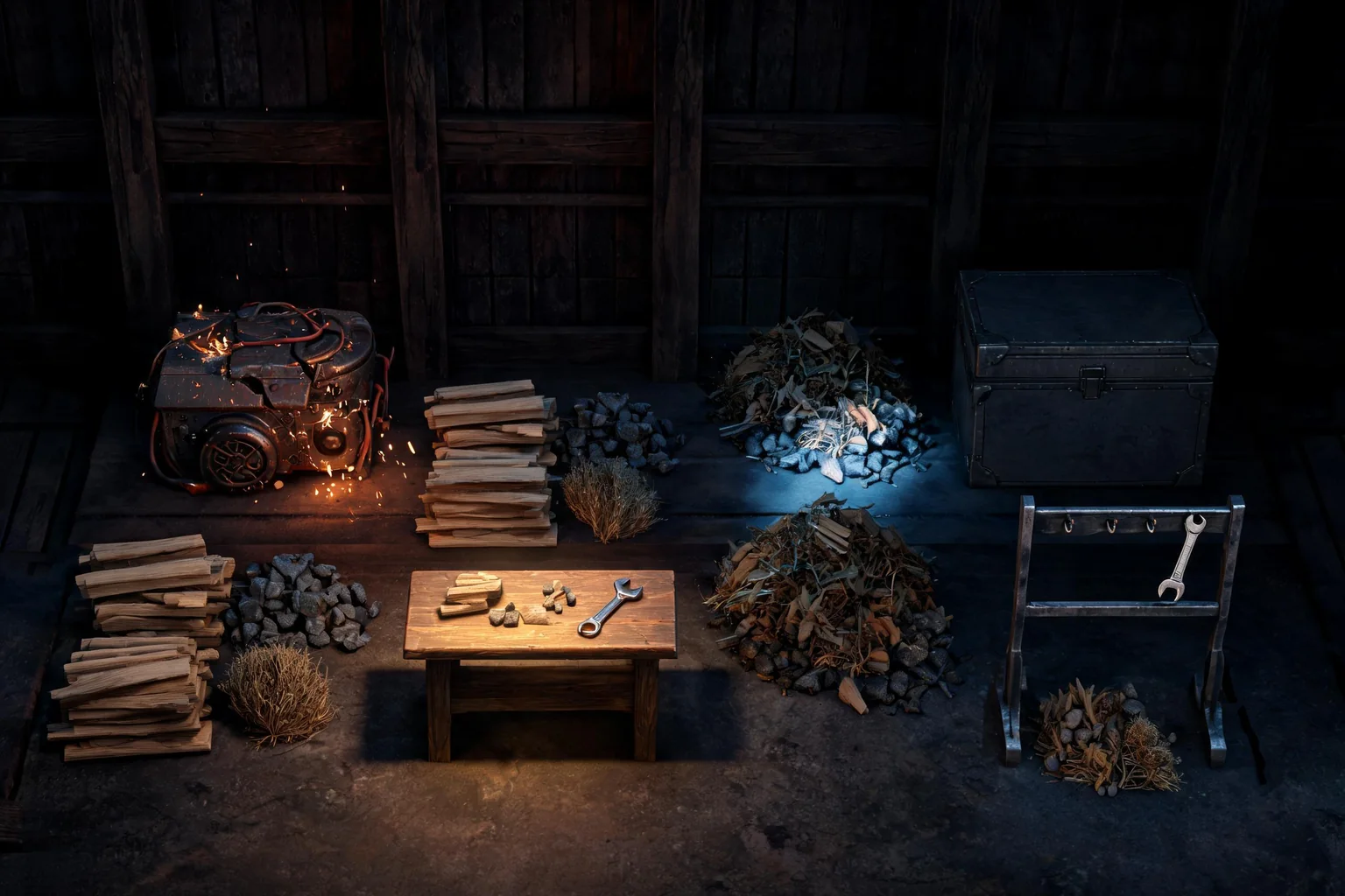 Unreal Inventory and Crafting Game Maker concept art showing an original frontier workshop beside a damaged generator, with wood, ore, fiber, a crafting bench, storage chest, and equipment rack