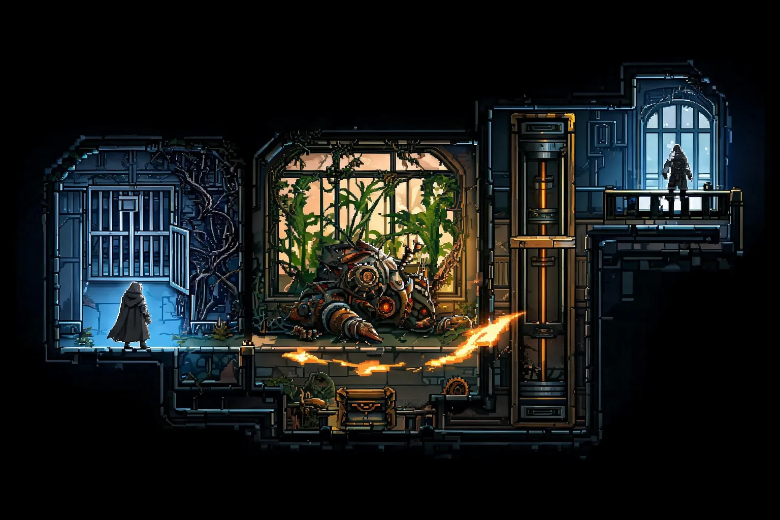 Unreal Metroidvania Game Maker concept art showing an original vertical clockwork conservatory with side-view chambers, elevator shaft, thorn passage, guardian greenhouse, shortcut gate, and high sealed balcony