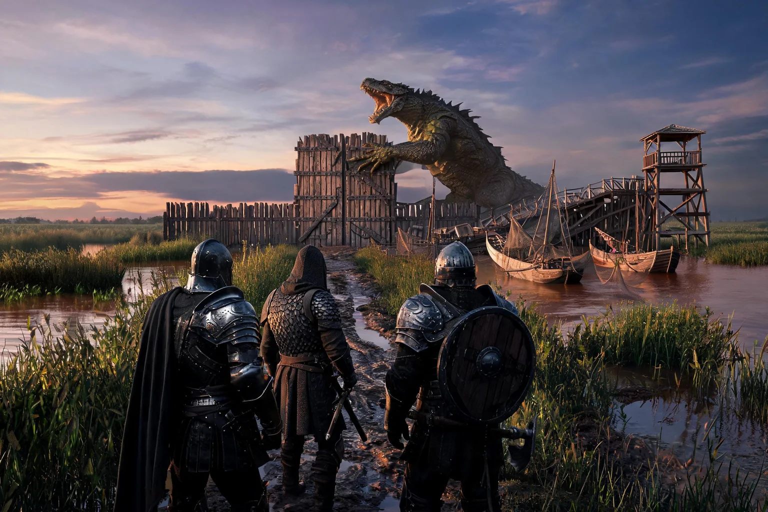 Unreal MMORPG Game Maker concept art showing an original frontier harbor town connected to a marsh event area, party board, market, watch post, roaming creature route, and shared recovery shrine