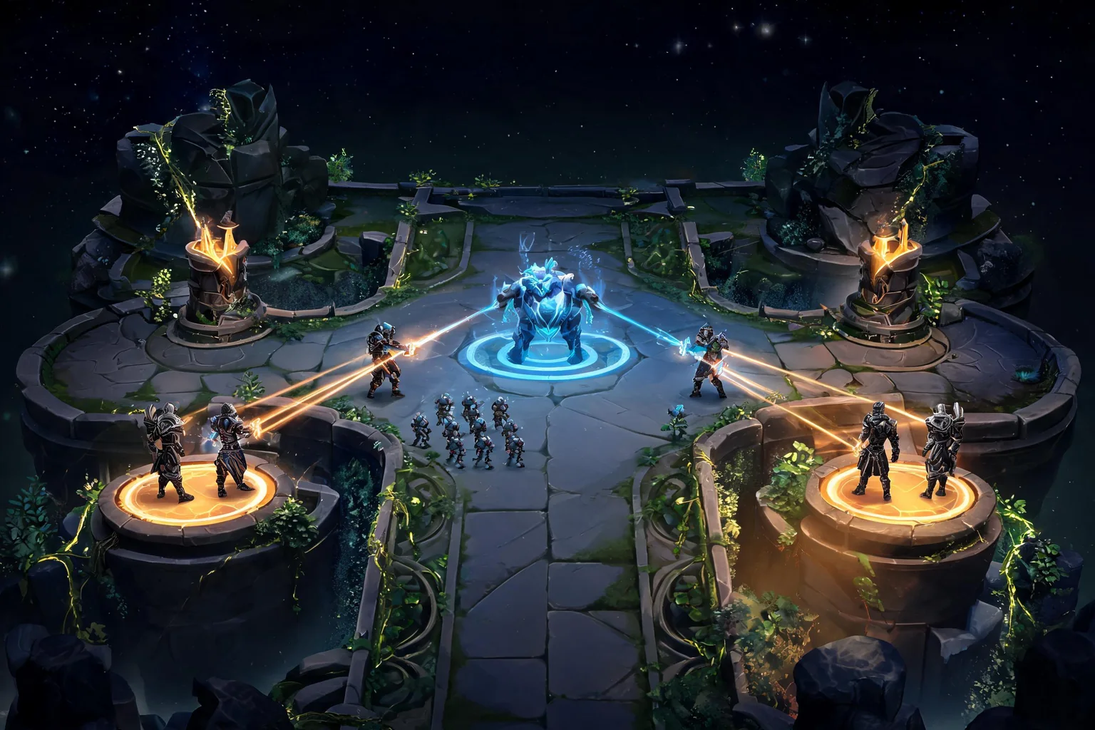 Unreal MOBA Game Maker concept art showing an original symmetrical celestial garden arena with one central lane, two side routes, paired bases, defensive towers, and a neutral guardian circle